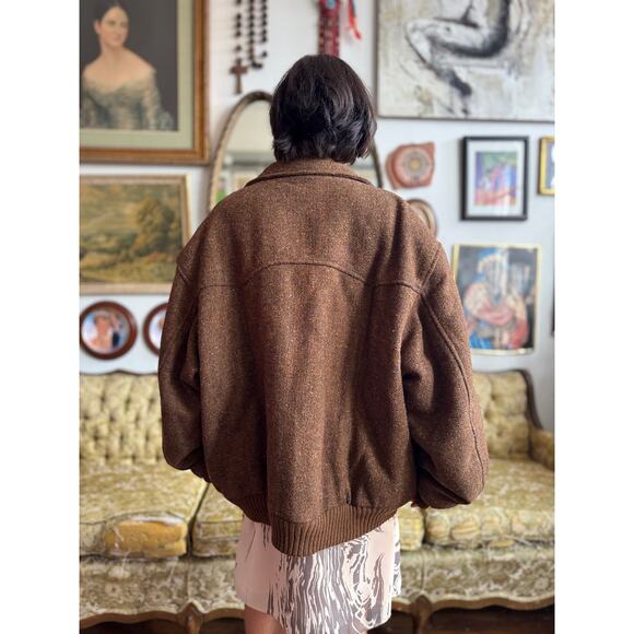 70s Wool Benetton Herringbone Bomber Jacket w Double Button Waist Size XL - Picture 11 of 13